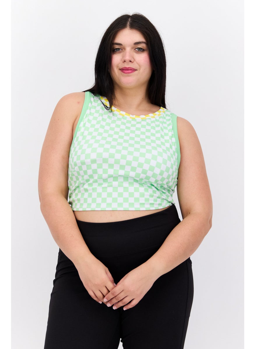 Dippin' Daisy's - Women Plus Size Round Neck Sleeveless Padded Checkered Tank Top, Green - Image 1