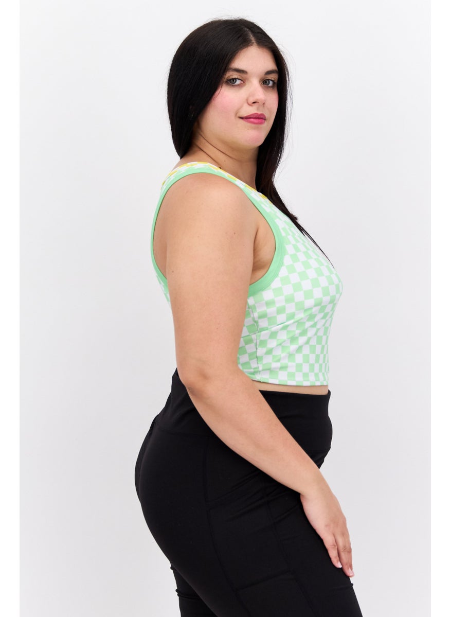 Dippin' Daisy's - Women Plus Size Round Neck Sleeveless Padded Checkered Tank Top, Green - Image 1