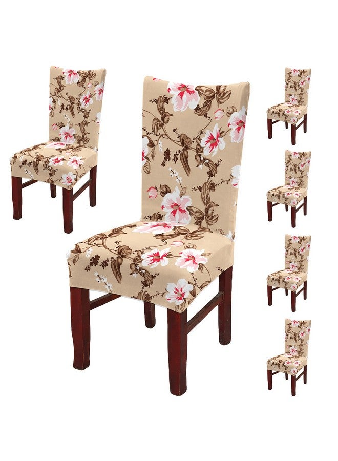 BRIDA® Polyester Spandex Stretchable Floral Geometric Printed Dining Chair Covers Elastic Chair Seat Case Protector, Slipcovers (6 Chair Cover, Beige Pink) - Image 1