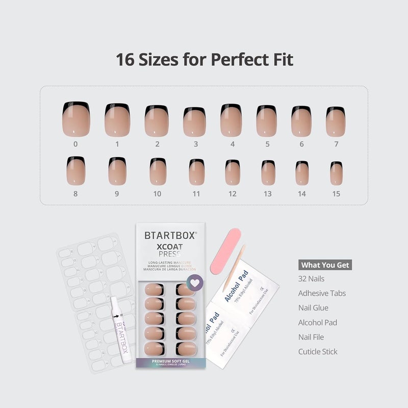 BTArtbox French Tip Press On Nails - Jelly Square Fake Nails with Nail Glue, Reusable Semi-Transparent Stick On Nails in 15 Sizes - 30PCS Soft Gel Glue On Nails Kit, Classic Black Transit damage minimized design - Image 4