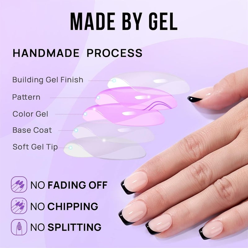 BTArtbox French Tip Press On Nails - Jelly Square Fake Nails with Nail Glue, Reusable Semi-Transparent Stick On Nails in 15 Sizes - 30PCS Soft Gel Glue On Nails Kit, Classic Black Transit damage minimized design - Image 3