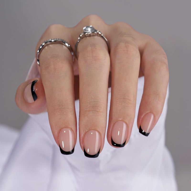 BTArtbox French Tip Press On Nails - Jelly Square Fake Nails with Nail Glue, Reusable Semi-Transparent Stick On Nails in 15 Sizes - 30PCS Soft Gel Glue On Nails Kit, Classic Black Transit damage minimized design - Image 1