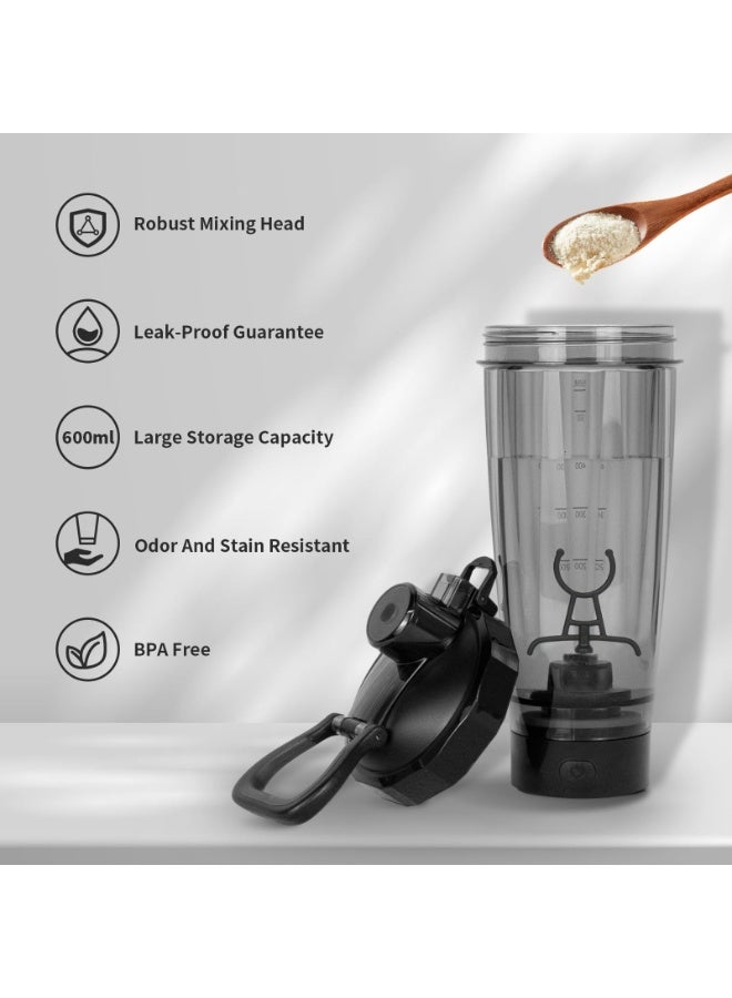 والالا زجاجة رج بروتين كهربائية سعة 600 مل، أكواب رج قابلة لإعادة الشحن عبر USB مع تأثير ضوئي لمشروبات البروتين، زجاجة رج ذاتية التحريك لمزيج البروتين، زجاجة رج رياضية خالية من مادة BPA، لون أسود - Image 3