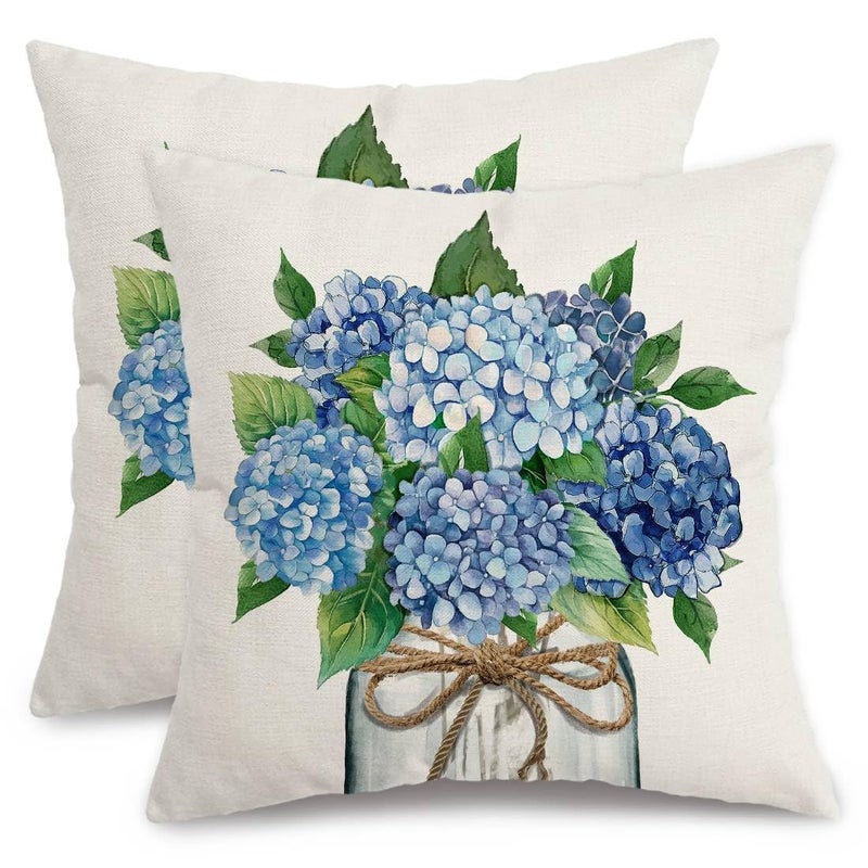 AACORS Spring Pillow Covers 18x18 Set of 2, Hydrangea Mason Jar Decor Farmhouse Seasonal Pillow Case for Sofa, Bedroom, Living Room AA798-18-2 - Image 1