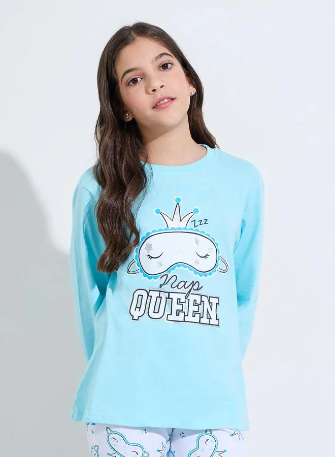 Styli Teen Girls Blue Graphic Print Sweatshirt and Cuffed Pants Pyjama Set