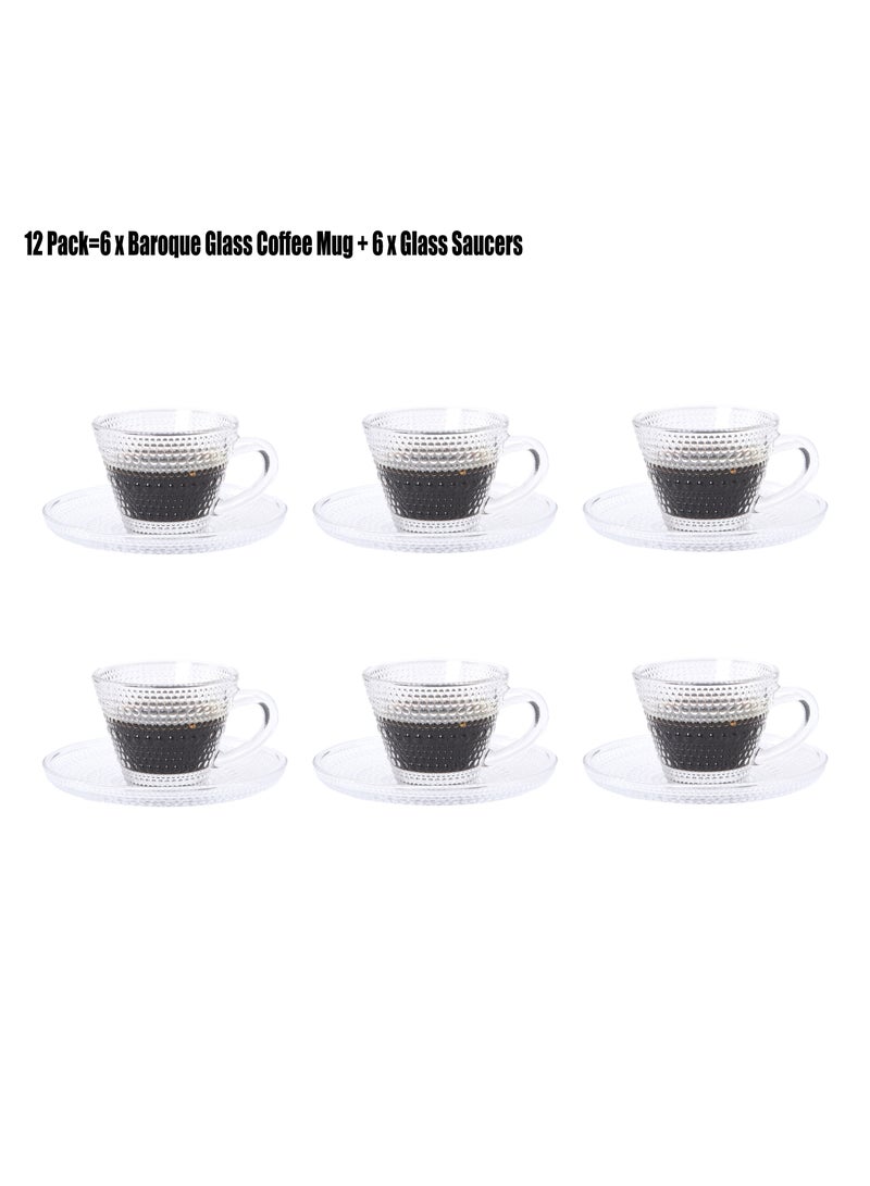 TDAO 12-Packs Baroque Glass Coffee Mug with Saucer, 6 Clear Glass Cups and 6 Clear Glass Saucers, 12 pcs in Total, Clear Espresso Cups with Handles, Glass Coffee Cups for Latte, Cappuccino, Mocha, Hot Chocolate, Tea, Juice, Hot or Iced Beverage 85ML - Image 1