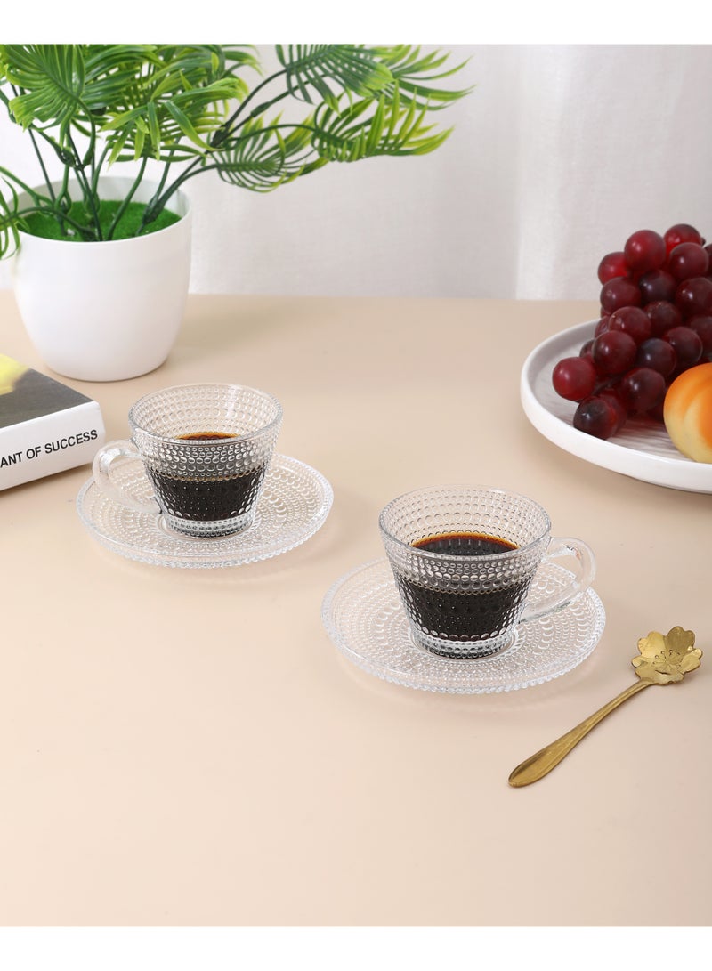 TDAO 12-Packs Baroque Glass Coffee Mug with Saucer, 6 Clear Glass Cups and 6 Clear Glass Saucers, 12 pcs in Total, Clear Espresso Cups with Handles, Glass Coffee Cups for Latte, Cappuccino, Mocha, Hot Chocolate, Tea, Juice, Hot or Iced Beverage 85ML - Image 2