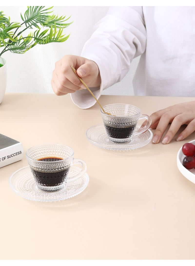 TDAO 12-Packs Baroque Glass Coffee Mug with Saucer, 6 Clear Glass Cups and 6 Clear Glass Saucers, 12 pcs in Total, Clear Espresso Cups with Handles, Glass Coffee Cups for Latte, Cappuccino, Mocha, Hot Chocolate, Tea, Juice, Hot or Iced Beverage 85ML - Image 3