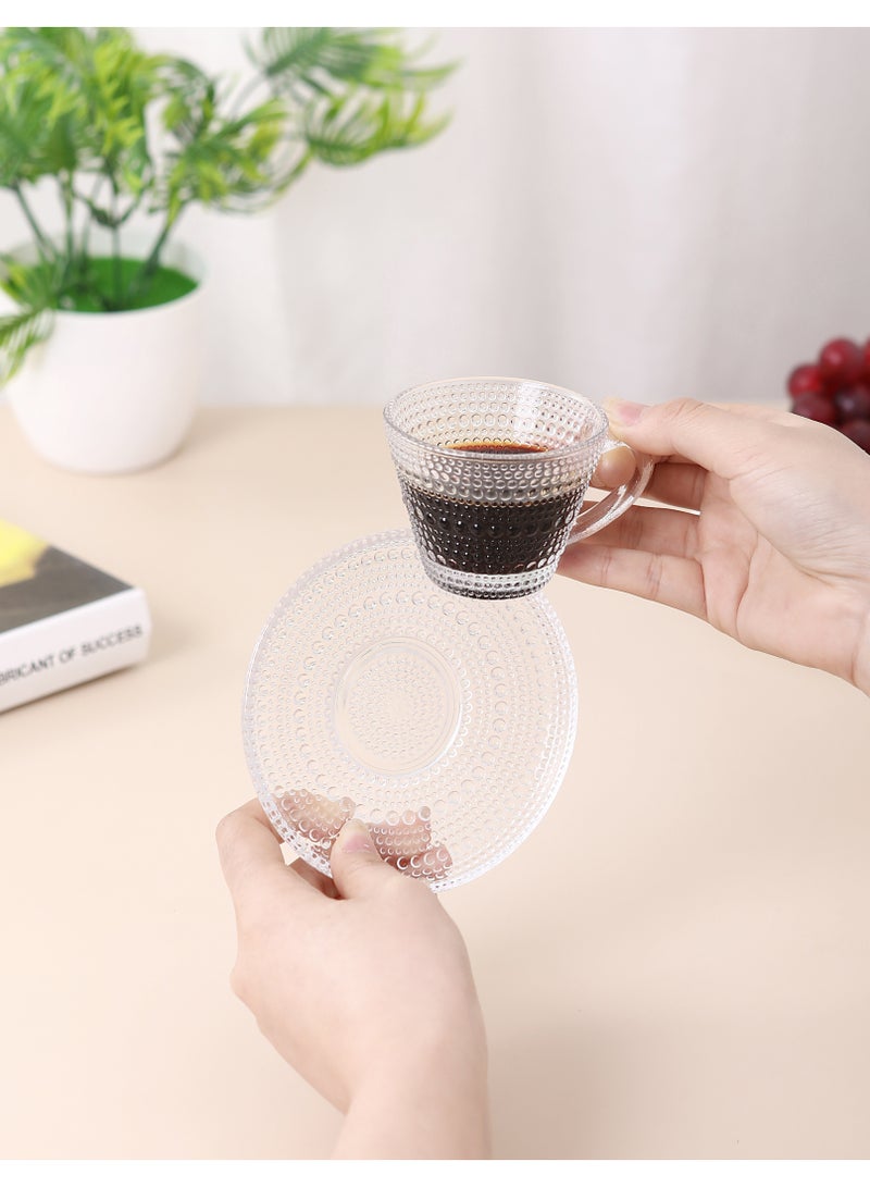 TDAO 12-Packs Baroque Glass Coffee Mug with Saucer, 6 Clear Glass Cups and 6 Clear Glass Saucers, 12 pcs in Total, Clear Espresso Cups with Handles, Glass Coffee Cups for Latte, Cappuccino, Mocha, Hot Chocolate, Tea, Juice, Hot or Iced Beverage 85ML - Image 4