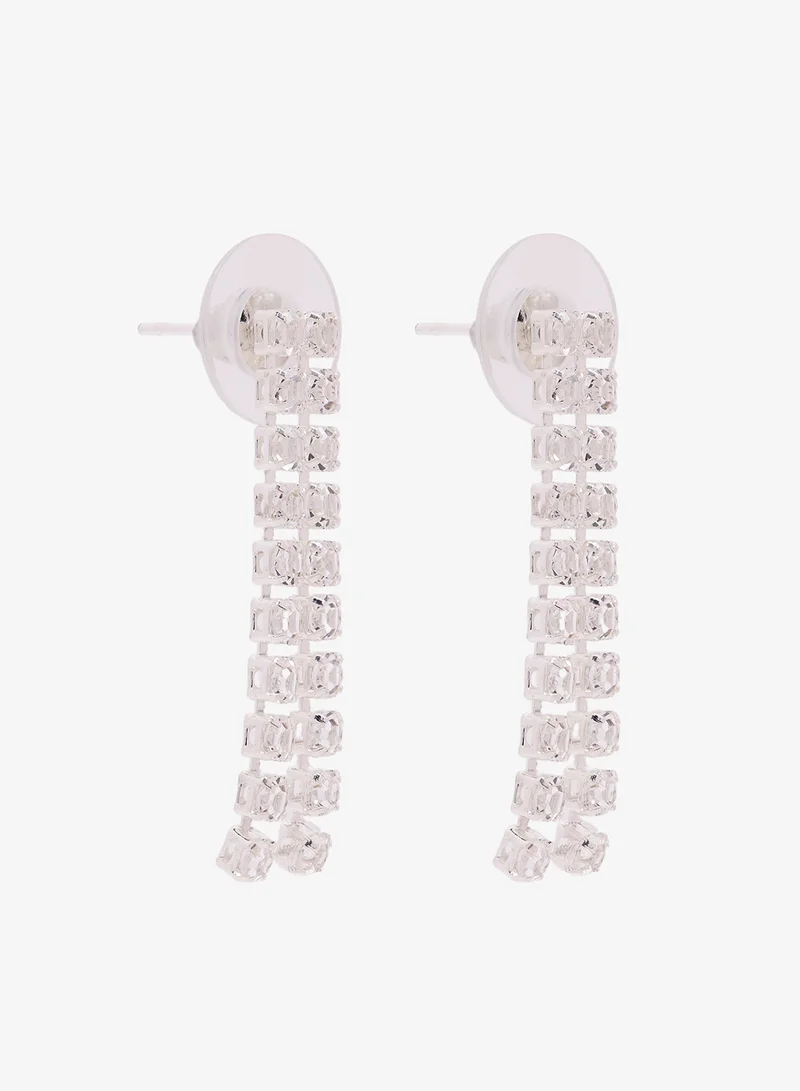 Ella Limited Edition Diamonte Embellished Rhinestone Detailed Necklace With Drop Down Earrings Silver Set