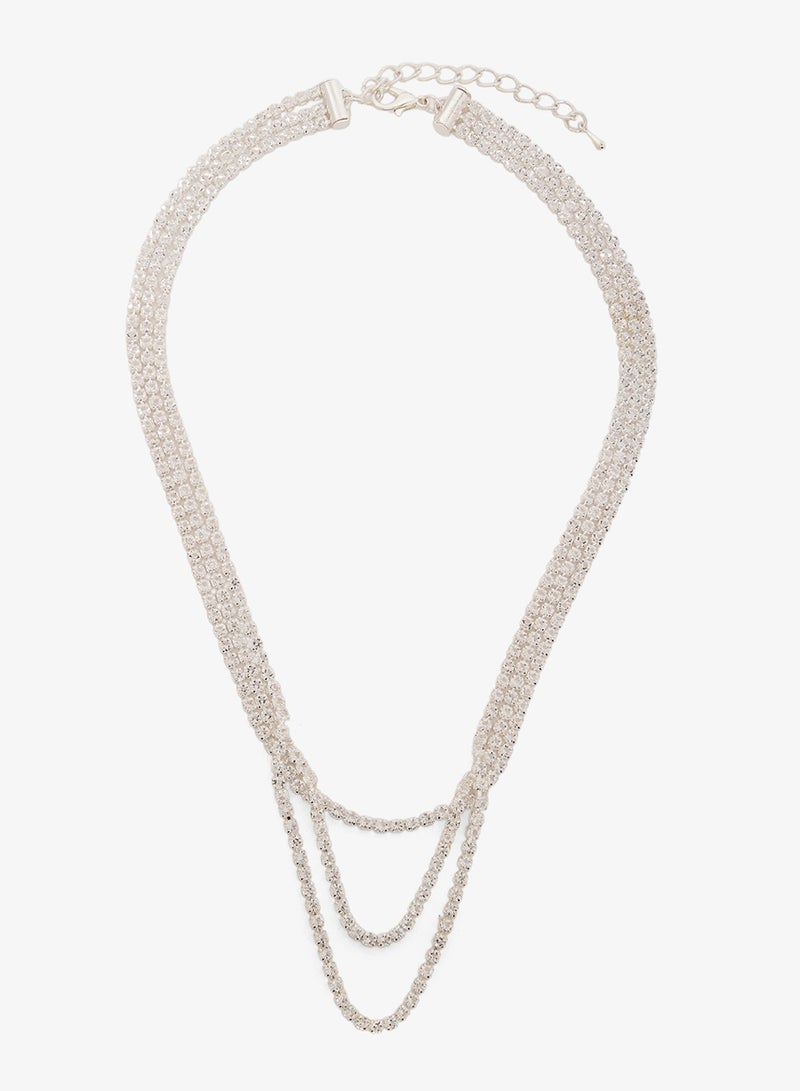 Ella Limited Edition Diamonte Embellished Rhinestone Detailed Necklace With Drop Down Earrings Silver Set - Image 1