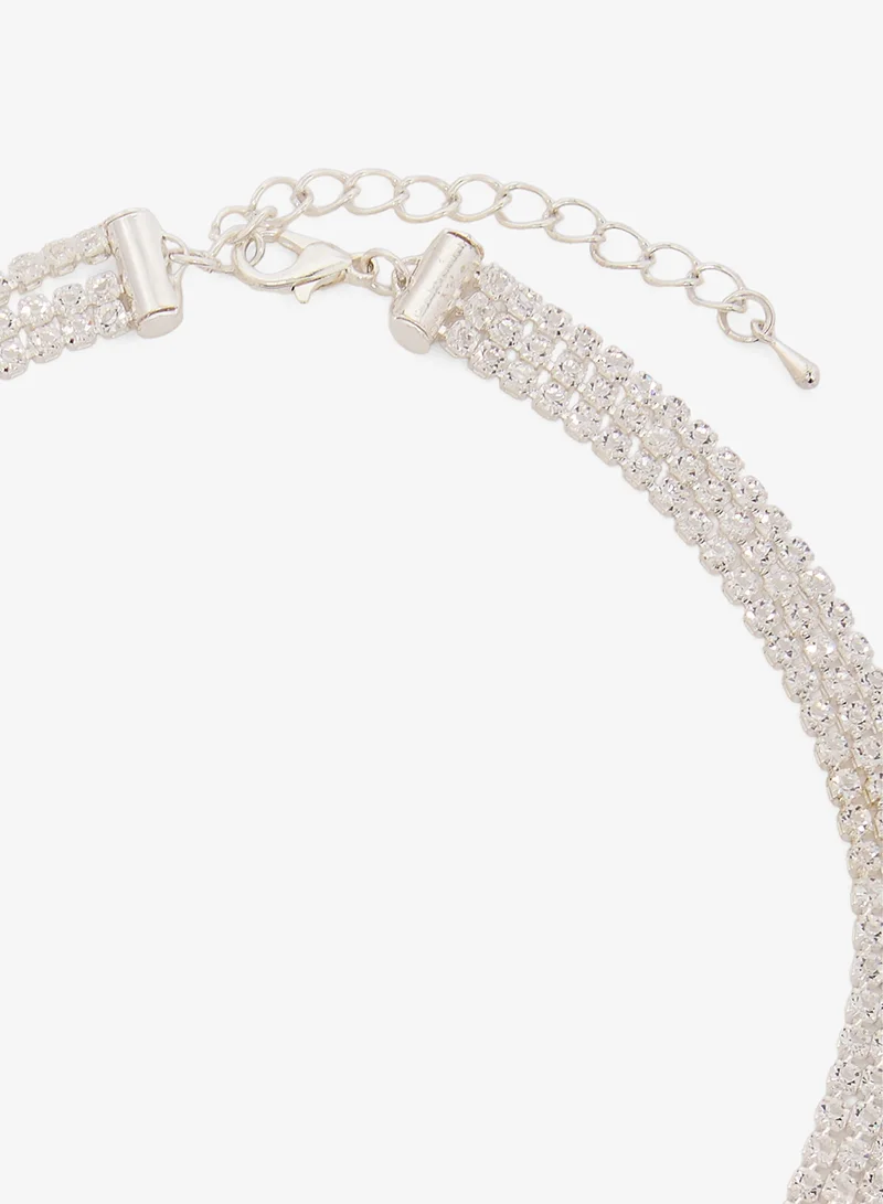 Ella Limited Edition Diamonte Embellished Rhinestone Detailed Necklace With Drop Down Earrings Silver Set