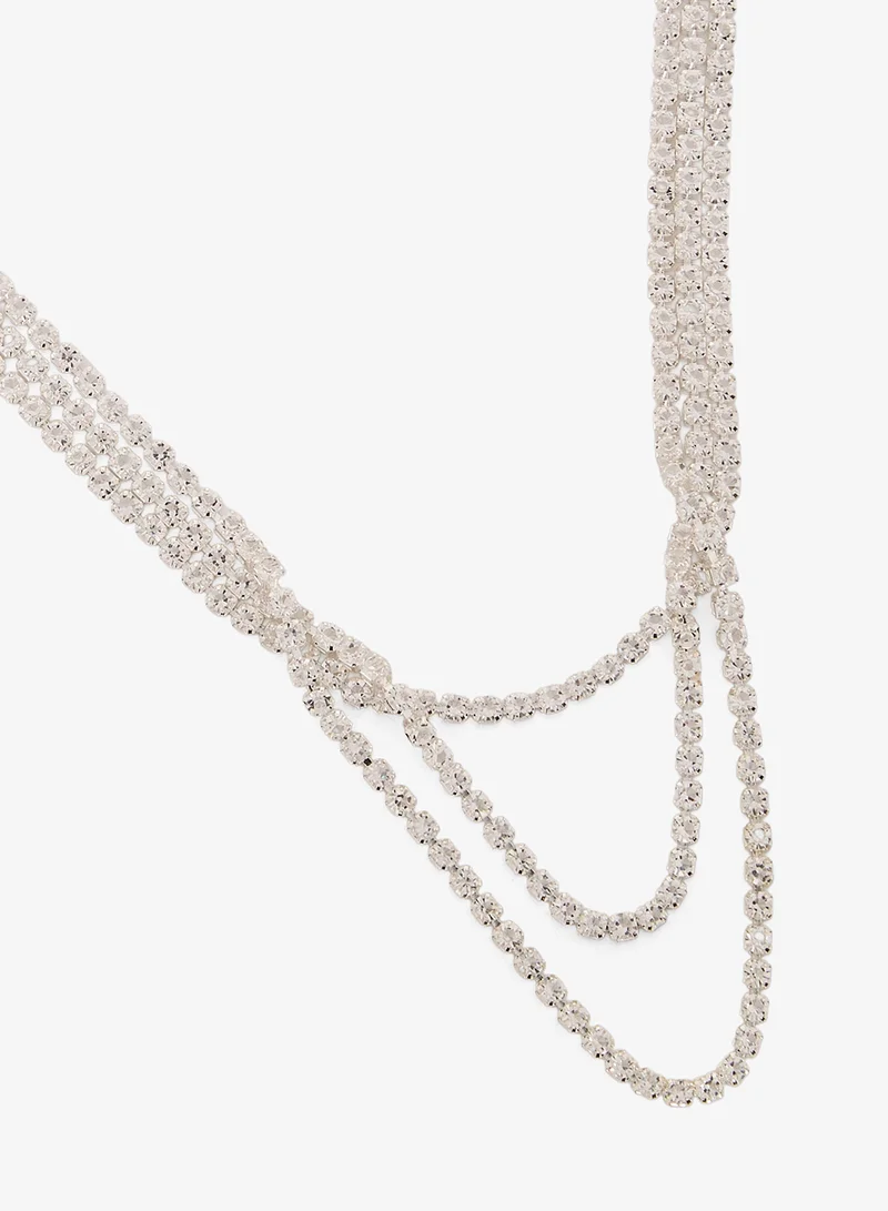 Ella Limited Edition Diamonte Embellished Rhinestone Detailed Necklace With Drop Down Earrings Silver Set