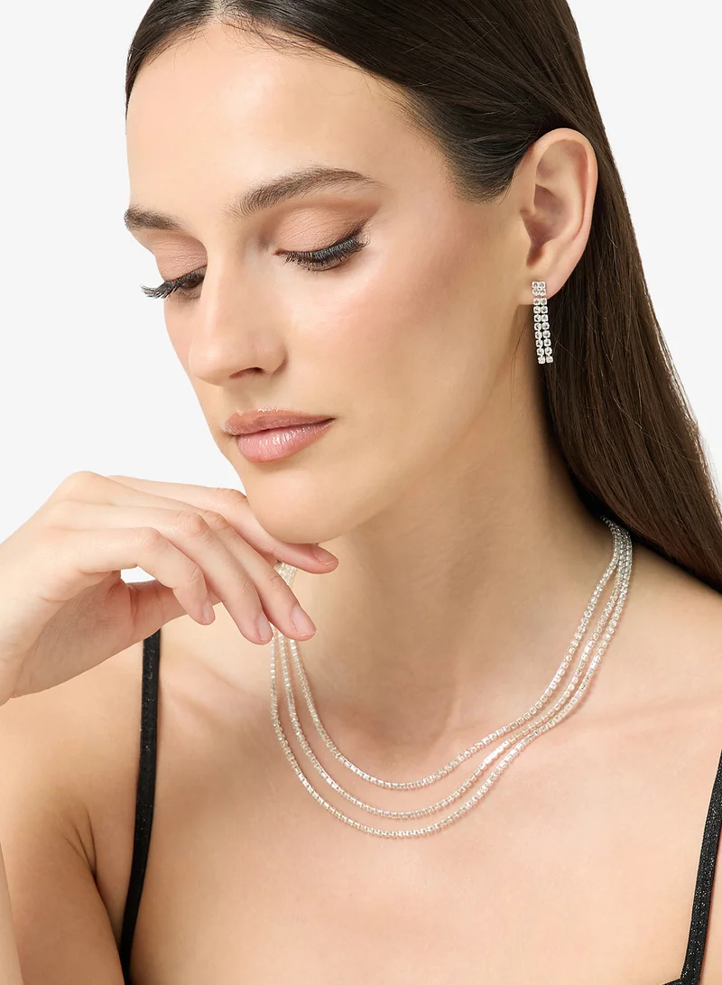 Ella Limited Edition Diamonte Embellished Rhinestone Detailed Necklace With Drop Down Earrings Silver Set