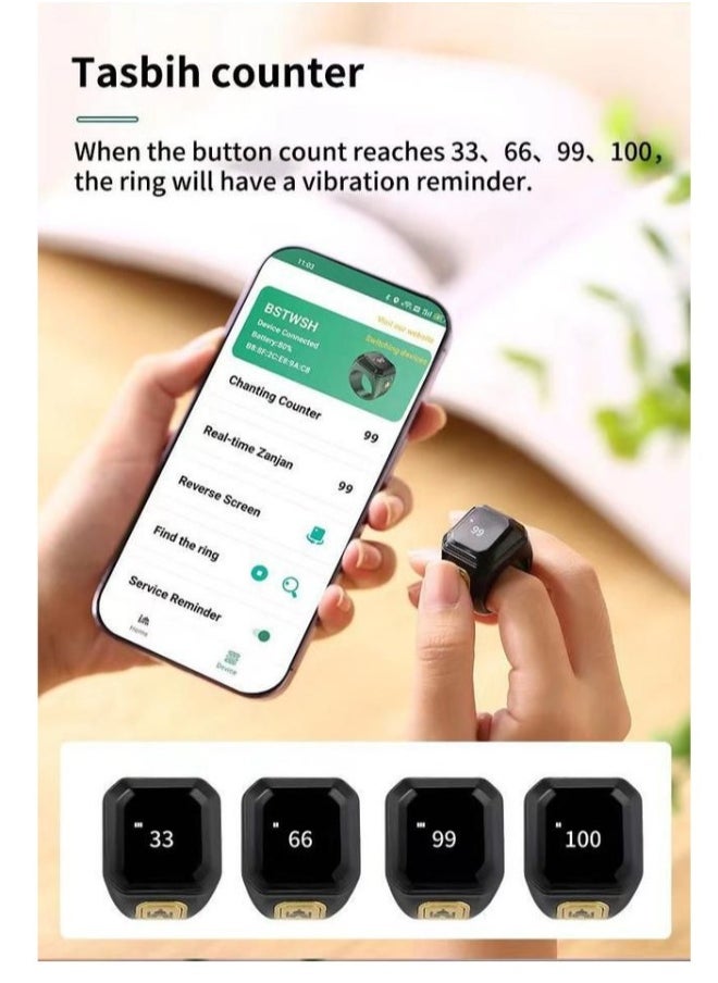 BSTWSH - 20mm Zikr Ring Arabic Smart Tasbih Ring Muslim Prayer Prayer timing reminder Tasbih Counter Smart Ring Wearable Technology  Vibration Reminder Exclusive IQIBLA App and 5 Daily Prayer Reminders - Image 1