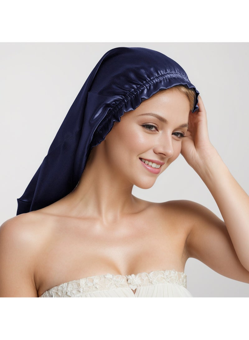 Navy Blue Women'S Satin Nightcap Women'S Beanie Hat Satin Hair Cap Elastic Cap With Headband Nightcap For Women And Girls Elastic Hair Cap For Long Hair - Image 1