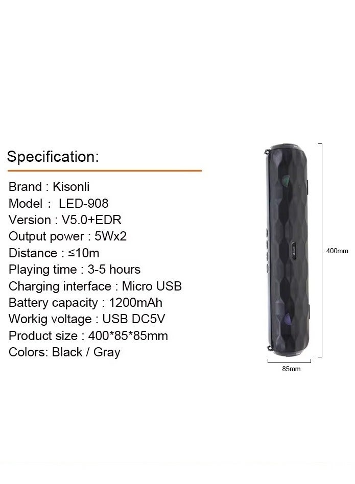 Kisonli LED-908 BLUETOOTH Music Speaker - Stereo HI Sound, LED Light, 1200mAh Battery, AUX & TF/U Disk Playback-BLACK - Image 4