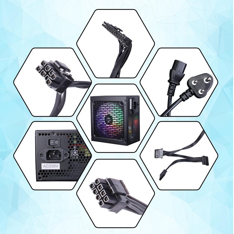 ZEBRONICS مزود الطاقة المتميز VS500Z بقوة 500 واط مع مروحة RGB صامتة 120 مم، كابلات مسطحة طويلة، PCIe x 1، SATA x 4، 12V 32A (كحد أقصى)، حماية من زيادة الجهد/زيادة التيار/الدوائر القصيرة (أسود) - Image 5