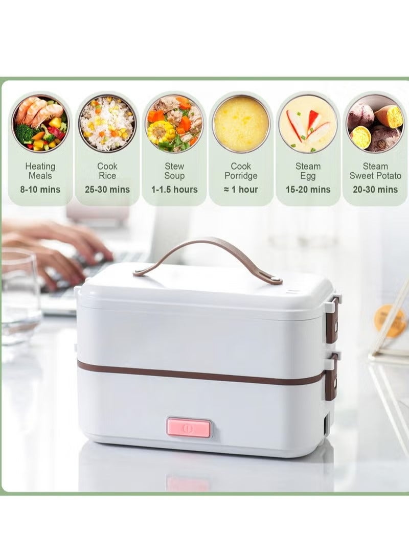 GUDOO 2-Layer Portable Electric Food Heater Lunch Box Mini Removable 304 Stainless Steel 220v Food Heater White 800ml - Image 4