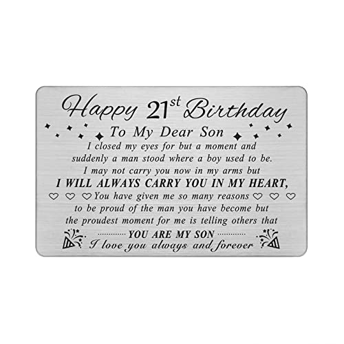 DEGASKEN 21st Birthday Decorations for Him, Son 21st Birthday Gifts for Him Men, Happy 21 Year Old Bday Card for Son, Metal Engraved Wallet Card - Image 1