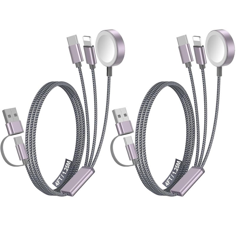 YOOJ ® 2 Pcs 3-in-2 Fast Charging Cable, 4FT Multi Charging Cable with for iPhone 16/Apple Watch/Lightning, Travel Essential for iPhone 16-11, iWatch Ultra/SE/10-2, Galaxy S25-21, Airpods, iPad - Image 1