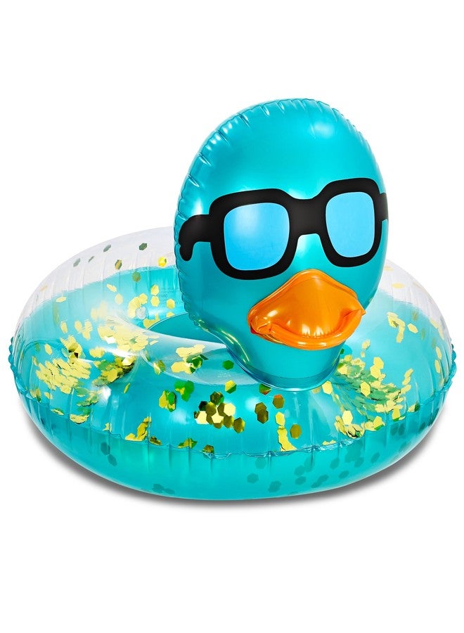 POZA Inflatable Duck Pool Float Tube- Heavy Duty Vinyl UV Resistant Confetti Pool Duck Floatie, Animal Pool Float Swim Ring Pool Inflatables for Kids and Adults for Beach, Party, Vacation - Blue Gold - Image 1