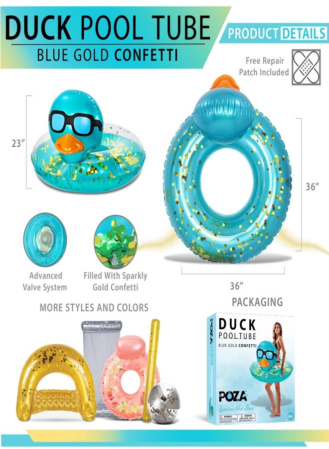 POZA Inflatable Duck Pool Float Tube- Heavy Duty Vinyl UV Resistant Confetti Pool Duck Floatie, Animal Pool Float Swim Ring Pool Inflatables for Kids and Adults for Beach, Party, Vacation - Blue Gold - Image 2