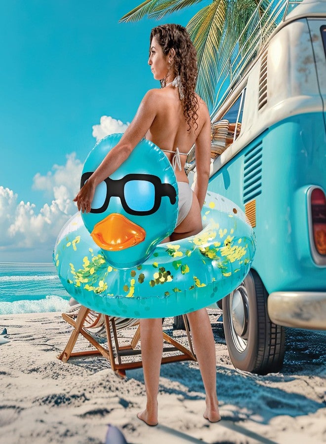 POZA Inflatable Duck Pool Float Tube- Heavy Duty Vinyl UV Resistant Confetti Pool Duck Floatie, Animal Pool Float Swim Ring Pool Inflatables for Kids and Adults for Beach, Party, Vacation - Blue Gold - Image 4