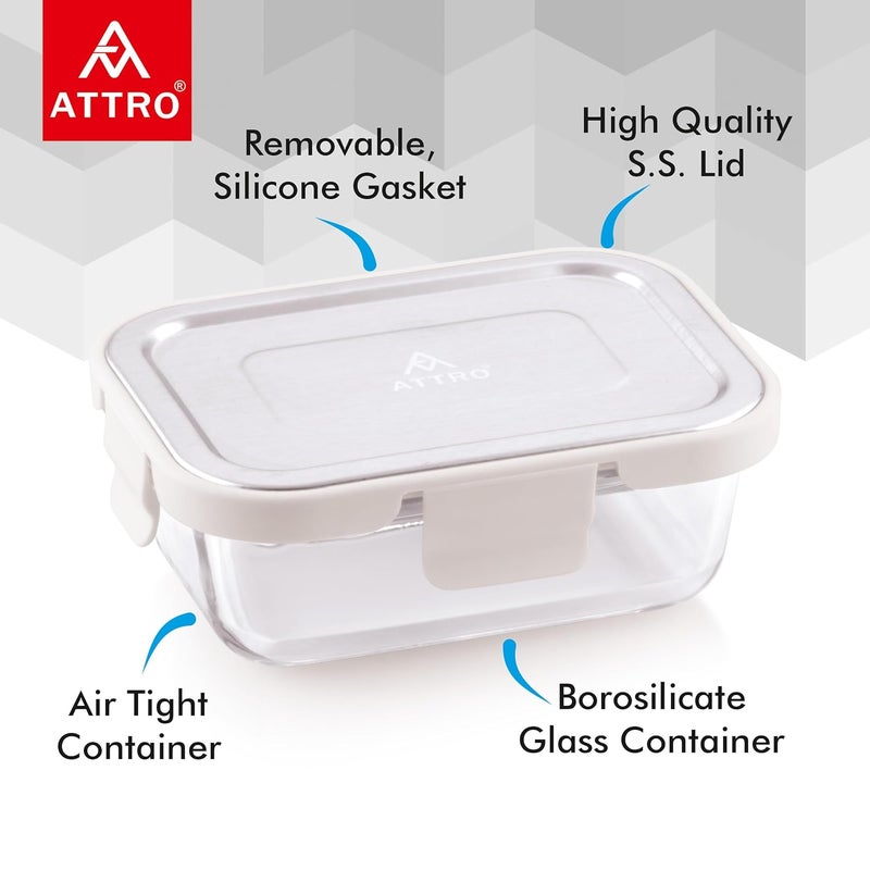 ATTRO Glassox Borosilicate Rectangular Glass Lunch Box with Stainless Steel Lid Food Storage Container Microwave Freezer Safe BPAFree FoodGrade 370ml - Image 2