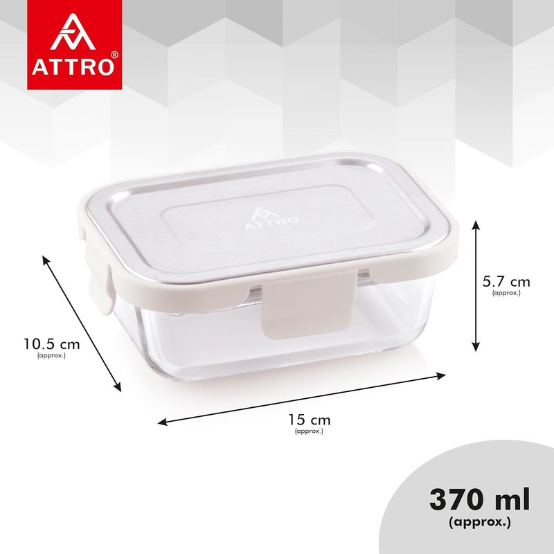 ATTRO Glassox Borosilicate Rectangular Glass Lunch Box with Stainless Steel Lid Food Storage Container Microwave Freezer Safe BPAFree FoodGrade 370ml - Image 4