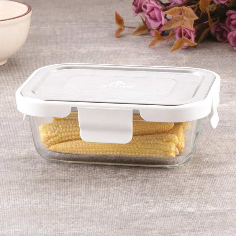 ATTRO Glassox Borosilicate Rectangular Glass Lunch Box with Stainless Steel Lid Food Storage Container Microwave Freezer Safe BPAFree FoodGrade 370ml - Image 1