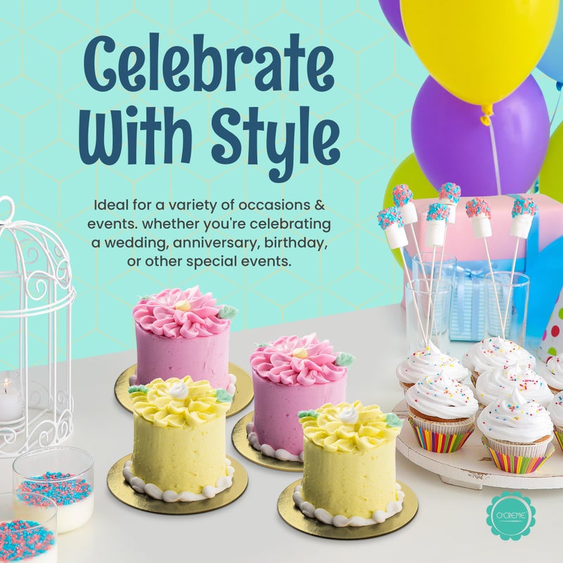 O'CREME Gold Round Mini Cake Boards â€“ 2-3/4 Inch Grease-Proof, Foil-Covered, Food Grade Cardboard for Cupcakes, Pastries, Desserts - Ideal for Wedding, Anniversary, Birthday Parties, 100 Count - Image 3