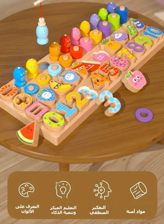 ريوليو لعبة ألغاز خشبية 6 في 1 لتعليم الحروف والأرقام والأشكال للأطفال الصغار، لعبة صيد الحلقات، العد والفرز، ألعاب تعليمية. - Image 4