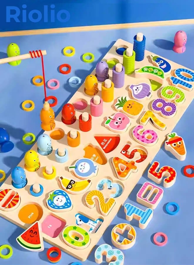 ريوليو لعبة ألغاز خشبية 6 في 1 لتعليم الحروف والأرقام والأشكال للأطفال الصغار، لعبة صيد الحلقات، العد والفرز، ألعاب تعليمية. - Image 1