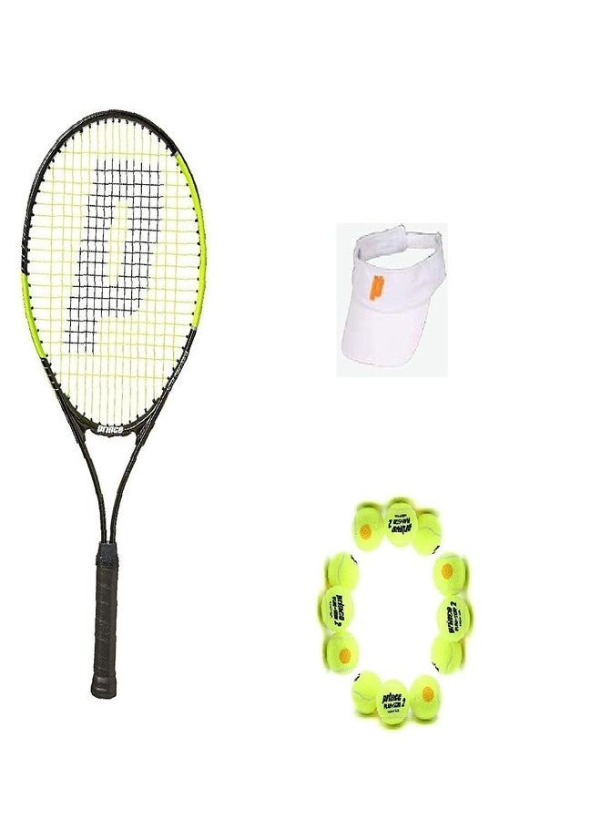 برنس مضرب تنس برينس ثاندر 26 من الألومنيوم مع 12 كرة تنس برينس ستيج 2 برتقالية قياسية وواقي أبيض برتقالي - Image 1