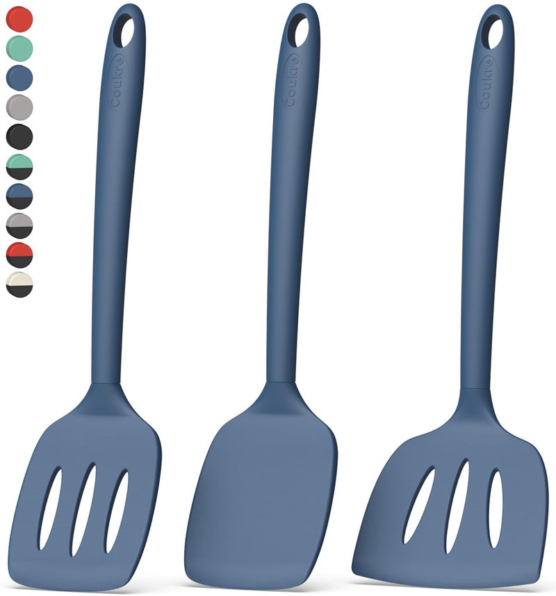 Coukre 3 Pack Silicone Spatula Set, High Heat Resistant, BPA-Free, Fish Spatula, Solid & Slotted Turner for Non-Stick Pans, Flipping Eggs, Pancakes, Fish, Burgers (3, PureDarkBlue) - Image 1