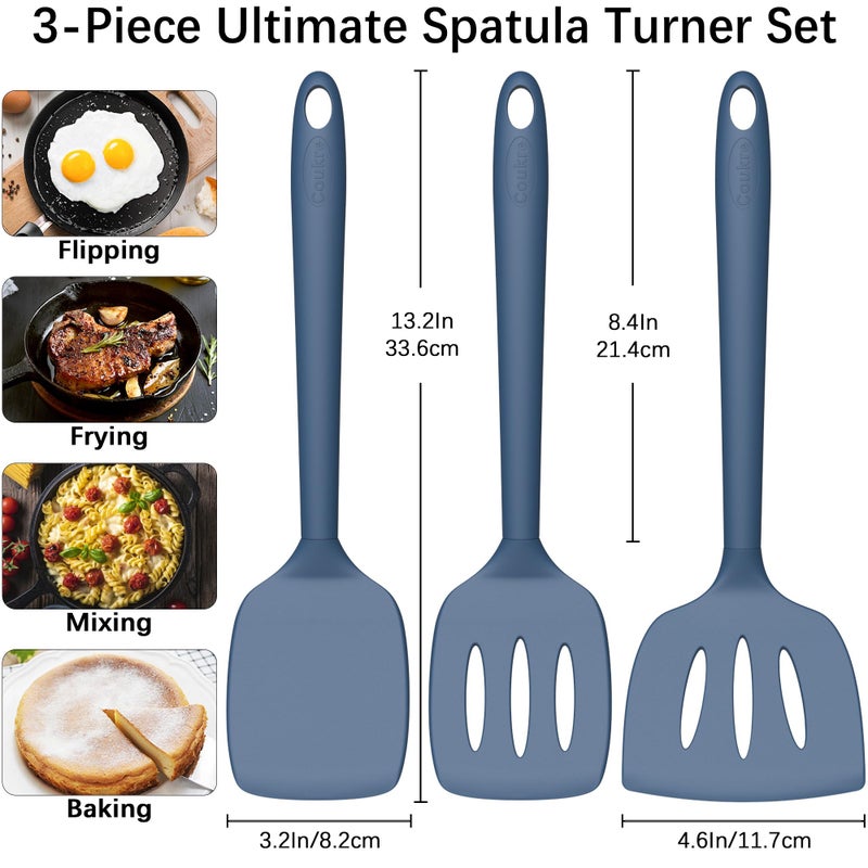 Coukre 3 Pack Silicone Spatula Set, High Heat Resistant, BPA-Free, Fish Spatula, Solid & Slotted Turner for Non-Stick Pans, Flipping Eggs, Pancakes, Fish, Burgers (3, PureDarkBlue) - Image 2