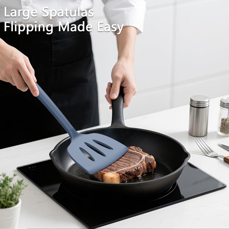 Coukre 3 Pack Silicone Spatula Set, High Heat Resistant, BPA-Free, Fish Spatula, Solid & Slotted Turner for Non-Stick Pans, Flipping Eggs, Pancakes, Fish, Burgers (3, PureDarkBlue) - Image 3