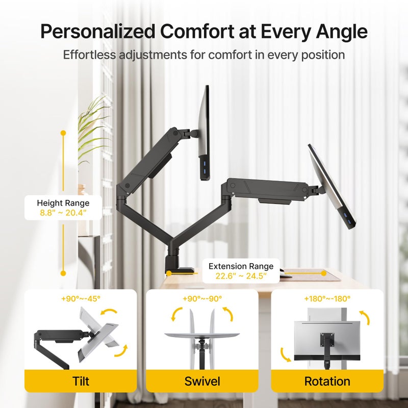 monTEK Dual Monitor Mount Monitor Arms for 2 Monitors for 17 to 35 Inch Curved Screen Holds 35 Lbs Adjustable Heavy Duty Monitor Desk Mount Cable Management, VESA 75/100mm,MA1007BK-D - Image 3