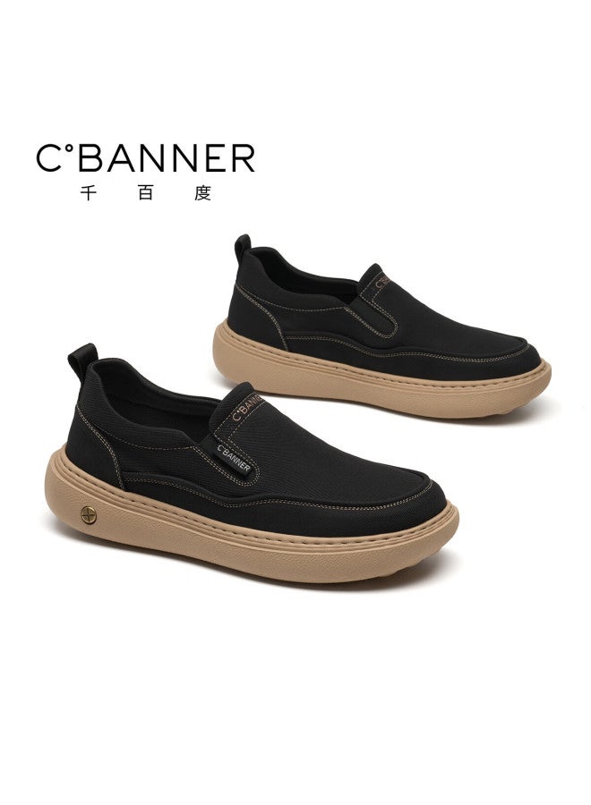 Qianbodu Lightweight Slip-on Summer Breathable Men's Sports Casual Thick-soled Canvas Shoes Black Size 39