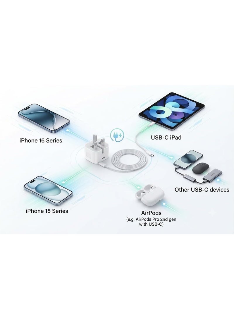 35W USB-C Fast Charger Adapter with Type-C Charging Cable, PD Fast Charging Wall Charger, UK 3-Pin Plug, Compatible with iPhone 16, 16 Plus, 16 Pro, 16 Pro Max, 15 Series, iPad and USB-C Devices - Image 3