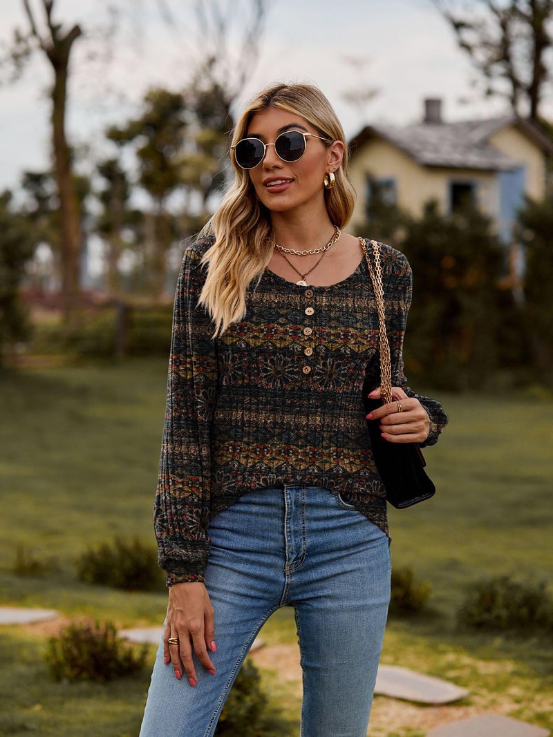 DB MOON Womens Long Sleeve Tops Lightweight Sweaters 2026 Fall Henley Shirt Casual Crewneck Loose Tunic L Geometric Floral - Image 2
