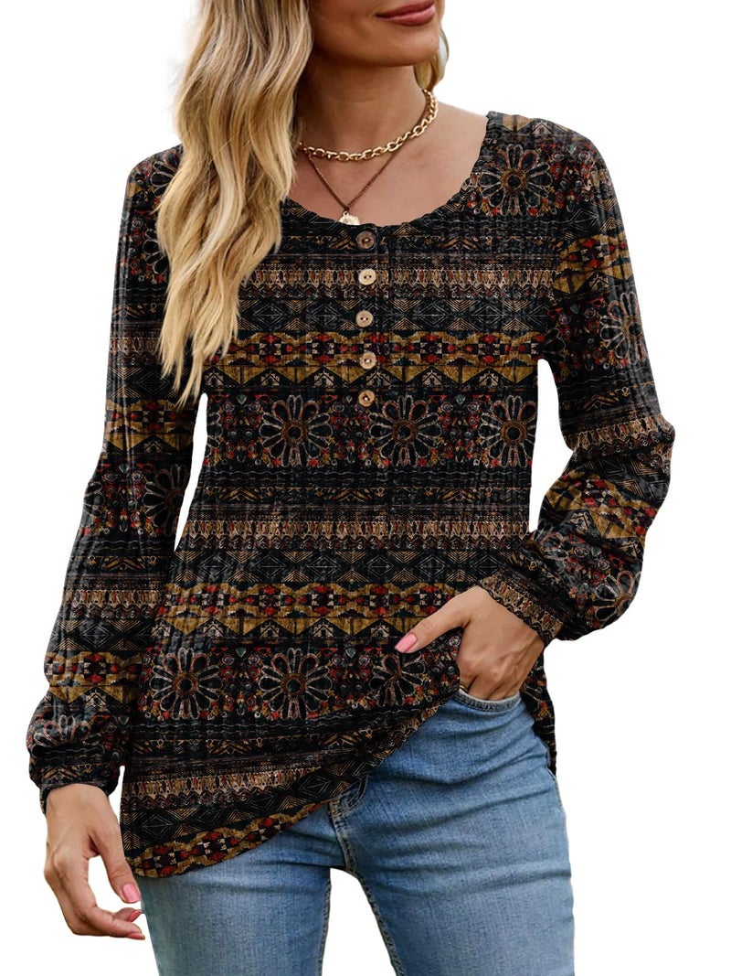 DB MOON Womens Long Sleeve Tops Lightweight Sweaters 2026 Fall Henley Shirt Casual Crewneck Loose Tunic L Geometric Floral - Image 3