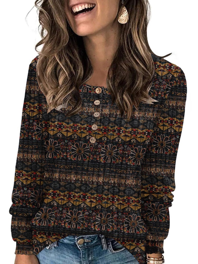 DB MOON Womens Long Sleeve Tops Lightweight Sweaters 2026 Fall Henley Shirt Casual Crewneck Loose Tunic L Geometric Floral - Image 1