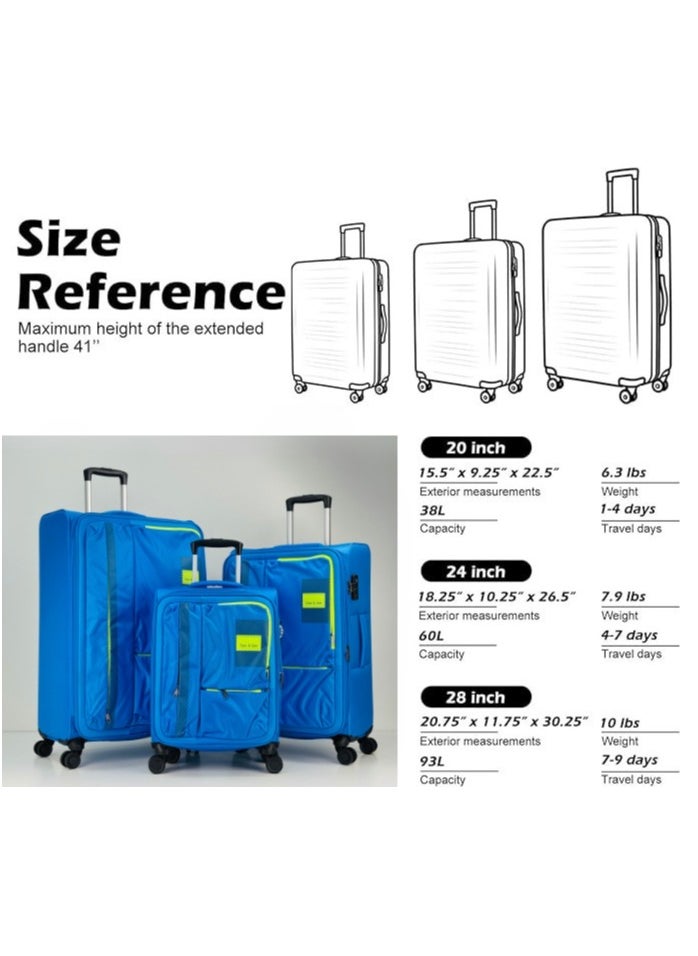 SAW & SEE Luggage Trolley Bag 3 Piece Set - Soft side Expandable Nylon Ultra Lightweight Durable Waterproof Suitcase with TSA Lock, 4 Double Spinner Wheels & Anti-Theft Zipper - 20" / 24" / 28"- Light Blue  - Image 3