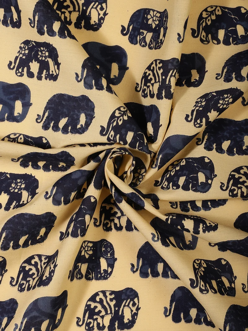 أيه كيه إس Indigo Elephant Block Print Fabric - Mustard Yellow