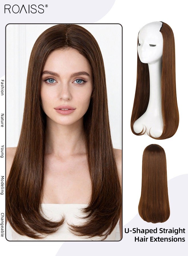 roaiss U-Shaped Straight Hair Invisible Clip-in Extension, One Piece Hair Extension Wig with 4 Clips, Heat Resistant Synthetic Hairpiece for Women , Light Brown, 60cm (24 inches) - Image 1