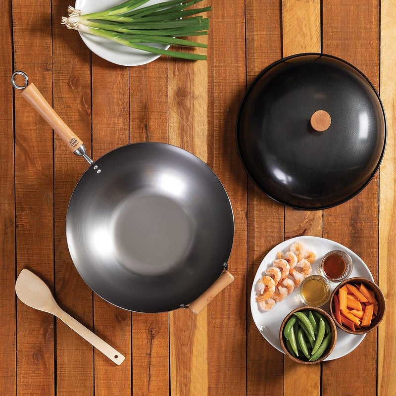 Joyce Chen Classic Series 14-Inch Carbon Steel Wok Set with Lid and Bamboo Spatula - Image 2