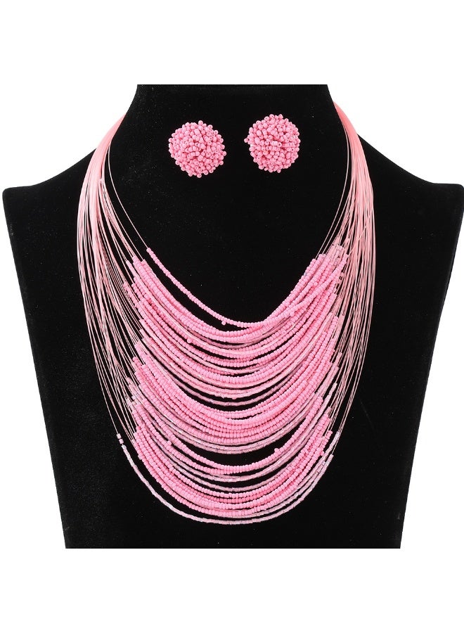 NIBEMINENT Bohemian Multi-Layer Rice Pearl Necklace and Earring Set