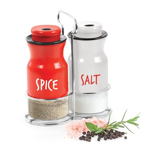Treo By Milton Zingy Salt and Pepper Shakers Set with Adjustable Pour Holes & Stand, Glass Bottom Spice Dispenser, Set of 2, Red & White, Seasoning Condiment for Kitchen Dining Restaurant - Image 1